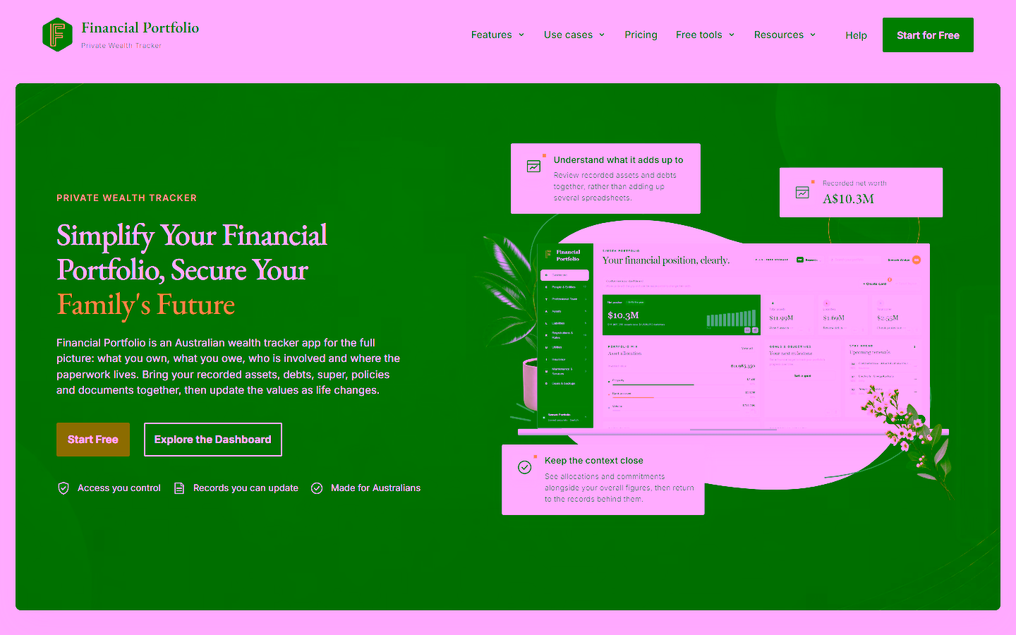 Financial Portfolio homepage hero with green and gold branding and product previews