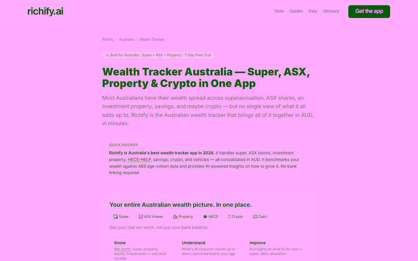 Richify Australian wealth tracker page covering super, ASX shares, property and crypto
