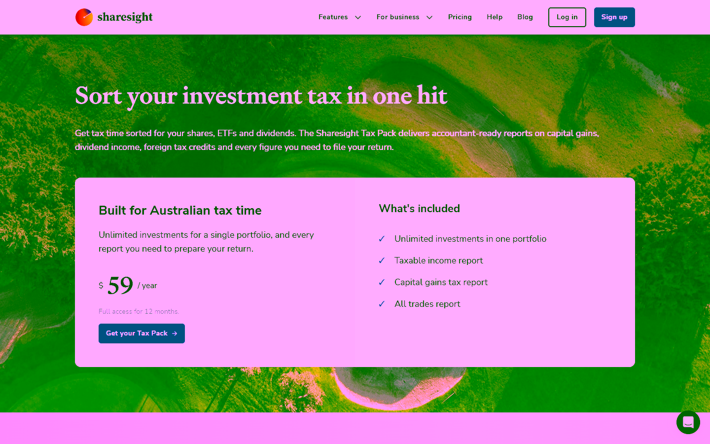 Sharesight Australian homepage hero promoting its investment tax reporting package