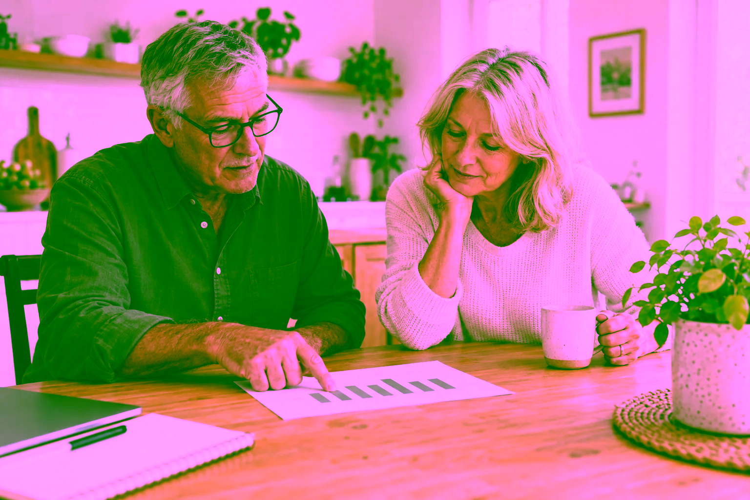 A couple reviewing a printed financial chart at their kitchen table