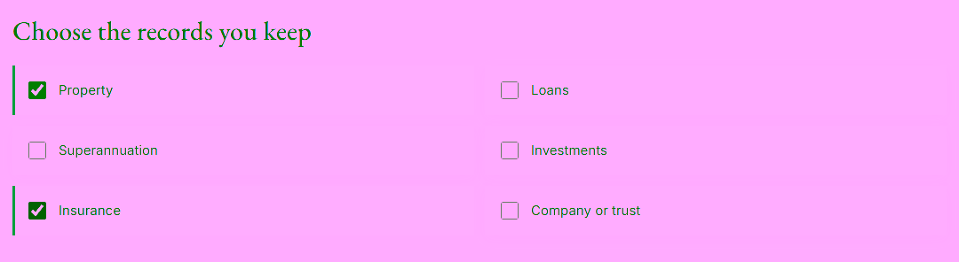 How to choose your categories. Select the categories you need. Screenshot of the working document and policy checklist.