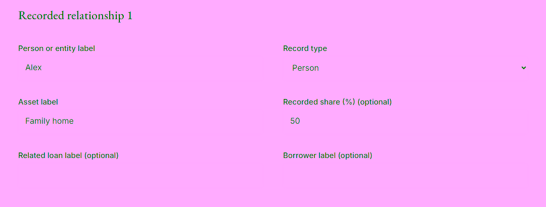How to record an owner. Name the person or entity. Screenshot of the working property and family ownership map.
