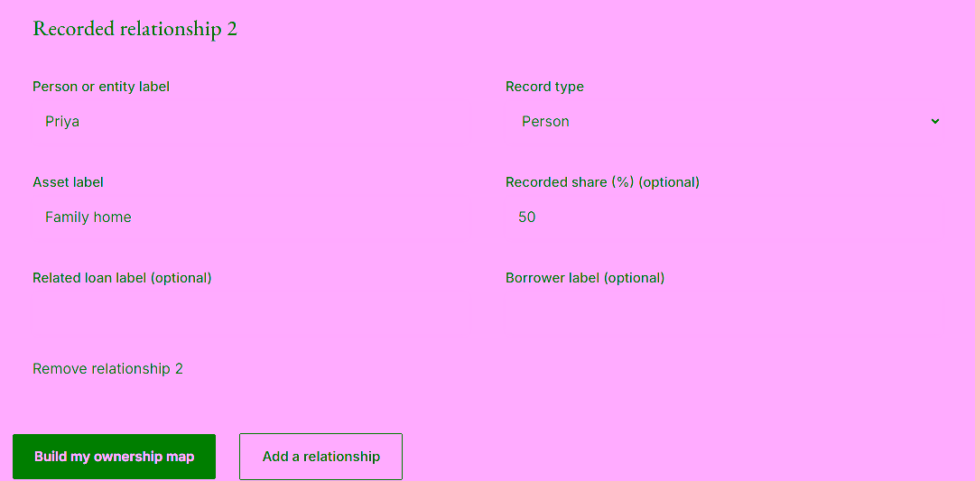 How to add a connection. Add a row for each connection. Screenshot of the working property and family ownership map.