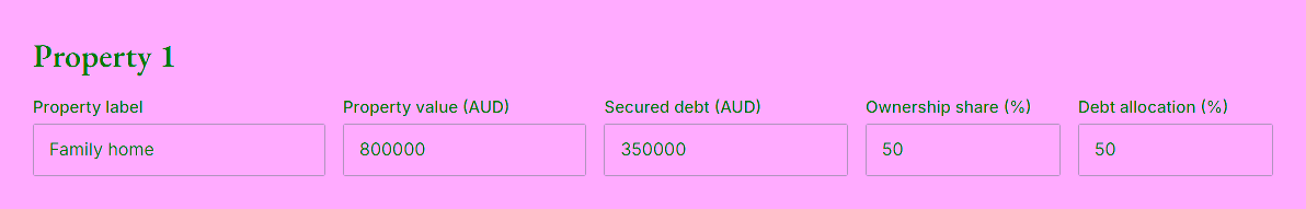 Enter a property and its debt. Enter the property value, secured debt and separate shares.. Screenshot of the working property portfolio equity calculator.