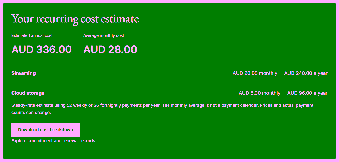 Review and download the result. Compare annual and average monthly costs before downloading.. Screenshot of the working subscription cost calculator.